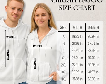 Gildan 18600 Size Chart Mockup: Unisex Heavy Blend Full Zip Hooded Sweatshirt Sizing Guide (JPG File)