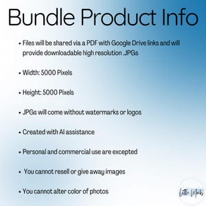 May include: A digital graphic with the title "Bundle Product Info" against a gradient blue background. The text lists details about the product, including file format, dimensions (5000 pixels width and height), and usage rights. The Little Mocks logo is in the bottom right corner.