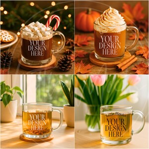 May include: Four clear glass mugs with handles, each containing a different drink. One mug has marshmallows and a candy cane, another has whipped cream, and two others have tea. Each mug has the text "YOUR DESIGN HERE".