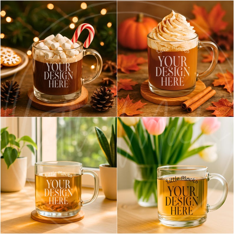 May include: Four clear glass mugs with handles, each containing a different drink. One mug has marshmallows and a candy cane, another has whipped cream, and two others have tea. Each mug has the text "YOUR DESIGN HERE".