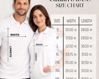 Gildan 64800 Size Chart Mockup: Unisex Pique Polo Shirt, Couples