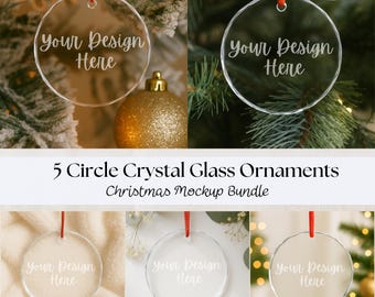 Circle Crystal Glass Ornament Mockup Bundle: Round Clear Christmas Ornaments, Printify Engraving Mock Up (JPG)
