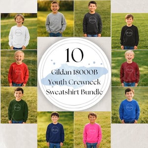 Gildan 18000B Sweatshirt Mockup Bundle: Youth Crewneck Sweatshirt, Kids Sweatshirt Mockup, Casual Outdoor Boys Sweatshirt Mocks (JPGs)