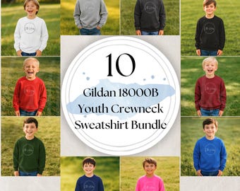 May include: A bundle of ten Gildan 18000B youth crewneck sweatshirts in various colors, including white, gray, black, red, maroon, green, navy, blue, and pink. Each sweatshirt features a circular logo. The image shows children wearing the sweatshirts.