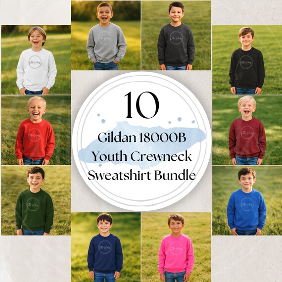 Gildan 18000B Sweatshirt Mockup Bundle: Youth Crewneck Sweatshirt, Kids Sweatshirt Mockup, Casual Outdoor Boys Sweatshirt Mocks (JPGs)
