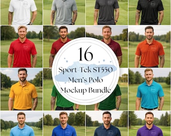 Może przedstawiać: Zestaw 16 koszulek polo Sport-Tek ST550 w różnych kolorach, w tym białym, szarym, czarnym, czerwonym, pomarańczowym, żółtym, zielonym, turkusowym, niebieskim, granatowym i fioletowym. Każda koszulka ma klasyczny kołnierzyk polo i krótkie rękawy. Obraz zawiera tekst "16 Sport-Tek ST550 Men's Polo Mockup Bundle."