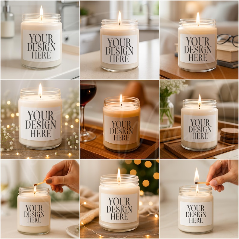 May include: A collection of lit candles in clear glass jars. Each candle has a white label with the text "YOUR DESIGN HERE". The candles are on various surfaces, including a wooden tray and a countertop. Some candles are being lit with a match.