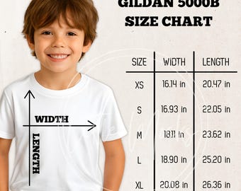 Gildan 5000B Youth T-Shirt Size Chart Mockup: Unisex Kids Tshirt Sizing Guide (JPG File)
