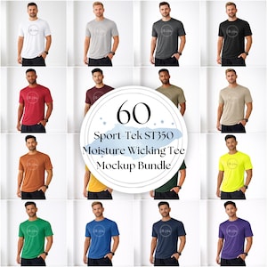 Puede incluir: Un paquete de maquetas de 60 camisetas Sport-Tek ST350 que absorben la humedad en varios colores, incluyendo blanco, gris, negro, rojo, marrón, verde, amarillo, azul y morado. Cada camiseta tiene cuello redondo y un pequeño logotipo en el pecho.