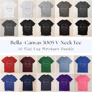 May include: A flat lay mockup of 20 Bella + Canvas 3005 V-Neck Tee shirts in various colors, including white, gray, black, red, and blue. Each shirt has a circular logo design. The text "Bella + Canvas 3005 V-Neck Tee" and "20 Flat Lay Mockups Bundle" is displayed.