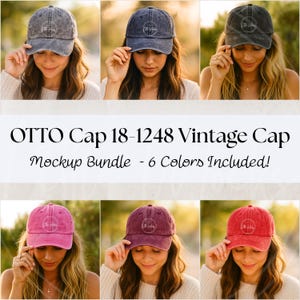 Może przedstawiać: Kolekcja sześciu czapek bejsbolowych w stylu vintage w różnych kolorach, w tym szarym, granatowym, oliwkowym, różowym, bordowym i czerwonym. Każda czapka ma postarzany wygląd i okrągłe logo. Wyświetlany jest tekst "OTTO Cap 18-1248 Vintage Cap".