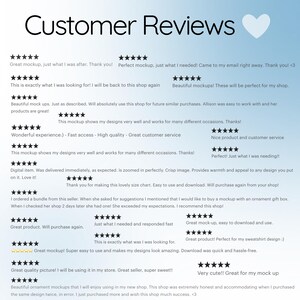 Peut inclure: Graphique bleu clair avec les mots "Customer Reviews" et un c&oelig;ur blanc. Le graphique affiche des avis clients avec des &eacute;valuations par &eacute;toiles et des commentaires positifs sur les maquettes num&eacute;riques et la qualit&eacute; des produits.