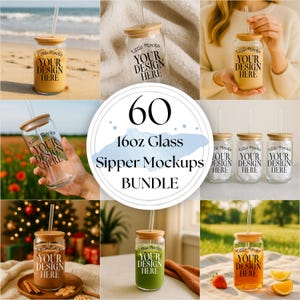 Può includere: Una collezione di mockup di bicchieri con coperchi in bambù e cannucce. I mockup mostrano varie bevande, con il testo "YOUR DESIGN HERE" sul vetro. L'immagine include il testo "60 16oz Glass Sipper Mockups BUNDLE".