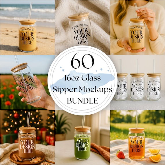 16oz Sipper Glass Mockup Bundle: Glass Can, Clear Glass Mockup, Printify Sipper Glass Mockup, Iced Coffee Mockup, Libbey Can Mockup (JPGs)