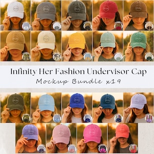 Puede incluir: Una colección de 19 gorras de béisbol en varios colores, incluyendo blanco, gris, rojo y azul. Cada gorra presenta un logotipo circular en la parte delantera. El texto "Infinity Her Fashion Undervisor Cap Mockup Bundle x19" se muestra debajo.