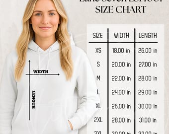 Lane Seven LS14001 Size Chart: Three-panel Fleece Hoodie, Unisex
