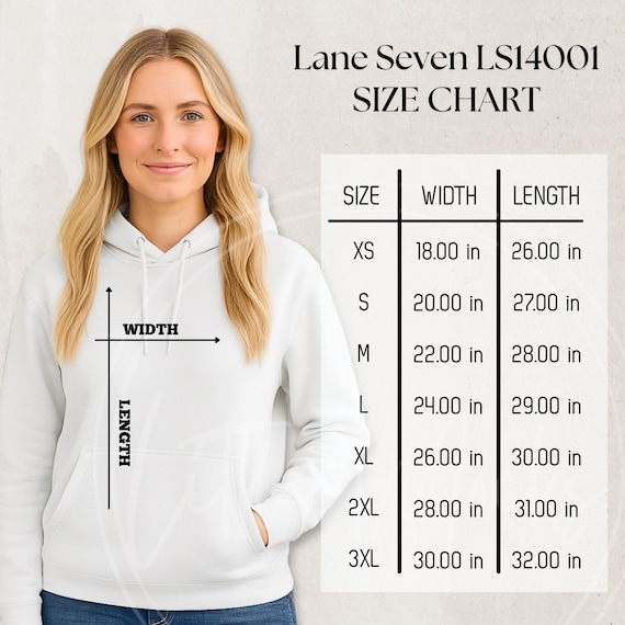 Lane Seven LS14001 Size Chart: Three-panel Fleece Hoodie, Unisex