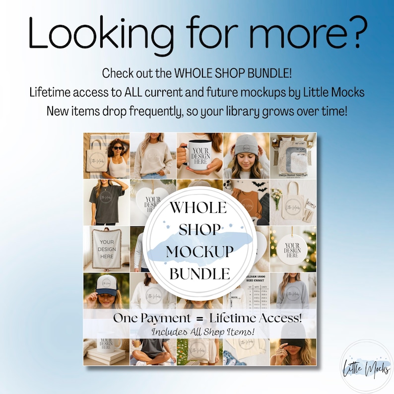 Peut inclure: Image promotionnelle pour un ensemble de maquettes de boutique compl&egrave;te. L'image pr&eacute;sente un collage de maquettes de produits, notamment des t-shirts, des tasses et des sacs fourre-tout. Le texte comprend "Looking for more?" et "Whole Shop Mockup Bundle."