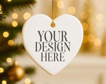 White Heart Ceramic Ornament Mockup: Styled Stock Photo (Digital JPG Image 5000x5000px)