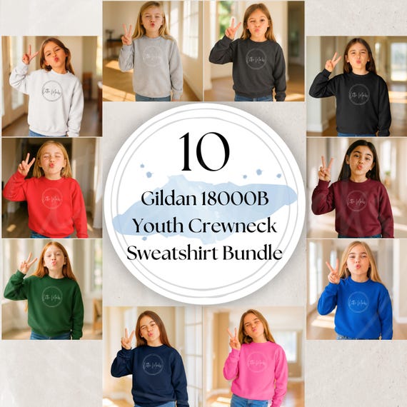 Gildan 18000B Sweatshirt Mockup Bundle: Youth Crewneck Sweatshirt, Kids Sweatshirt Mockup, Goofy Girls Peace Sign Sweatshirt Mocks (JPGs)