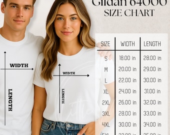 Maqueta de tabla de tallas de camisetas Gildan 64000, guía de tallas de camisetas unisex (archivo JPG)
