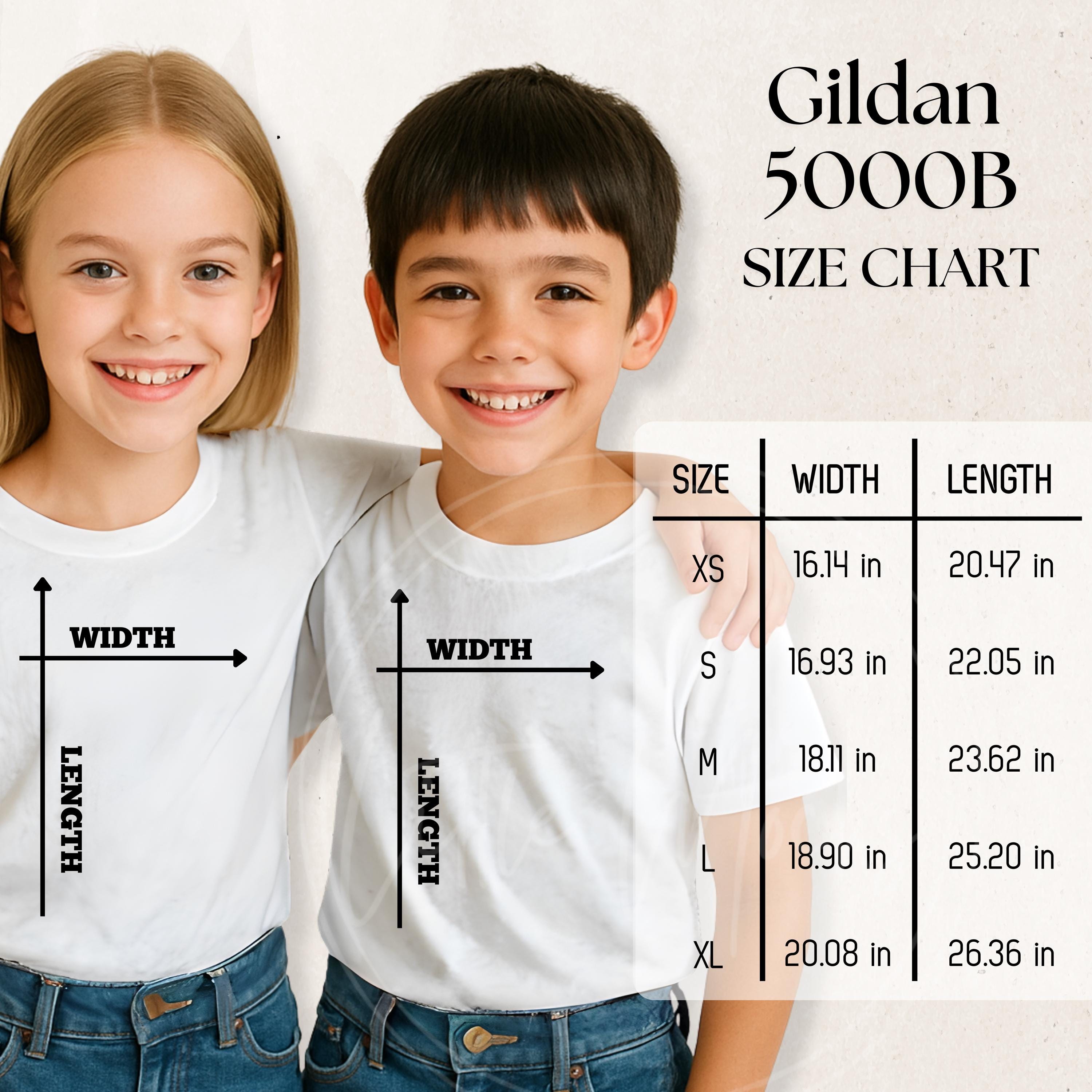 Gildan 5000B Youth T-shirt Size Chart Mockup: Unisex Tshirt Sizing