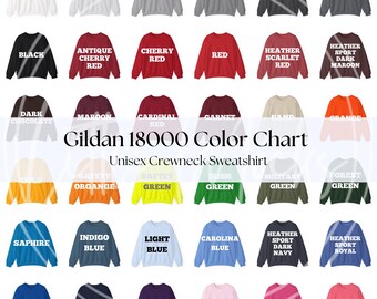 Gildan 18000 Color Chart: Unisex Crewneck Sweatshirt Fabric Swatches Colors Guide (JPG File)