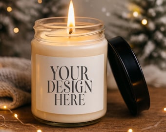 9oz Soy Candle Mockup: Cozy Christmas Jar Candle, White Winter Candle Label Mockup, Scented Lit Candle Mockup, Lumient Printify Candle (JPG)