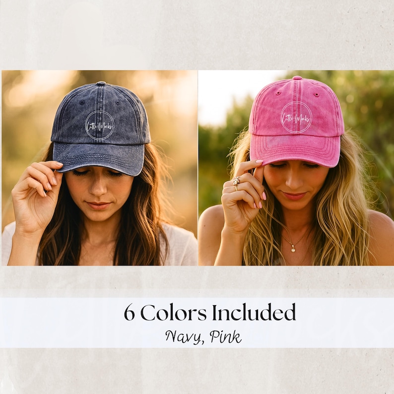 May include: Two baseball caps, one navy blue and one pink, are displayed. Each cap has a curved brim and a circular logo on the front. The text "6 Colors Included" and the colors "Navy, Pink" are shown below the caps.