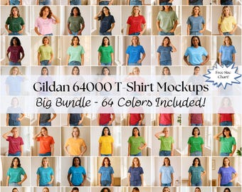 May include: A grid of women modeling Gildan 64000 t-shirts in various colors. The image includes a variety of solid colors, with the text "Gildan 64000 T-Shirt Mockups Big Bundle - 64 Colors Included!" and a "Free Size Chart!" graphic.