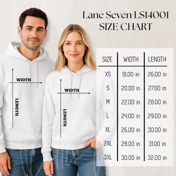 Lane Seven LS14001 Size Chart: Three-panel Fleece Hoodie, Unisex