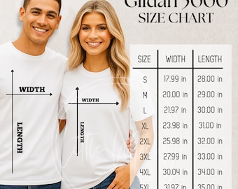 Maqueta de tabla de tallas Gildan 5000: Guía de tallas de camisetas unisex (archivo JPEG, 5000x5000 píxeles)