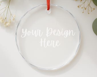 Crystal Glass Ornament Mockup: Round Christmas Ornament Engraving, Clear Circle Mock Up (JPG)