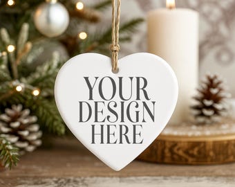 White Heart Ceramic Christmas Ornament Mockup: Rustic Styled Product Photo (Digital JPG Image)