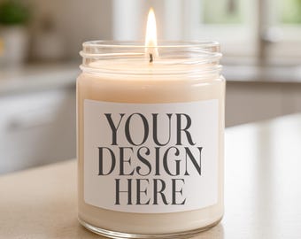 9oz Soy Candle Mockup: Cozy Simple Kitchen Counter Jar Candle, White Candle Label Mockup, Scented Lit Candle, Lumient Printify Candle (JPG)