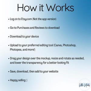 May include: A graphic with the title "How it Works" and bullet points detailing the steps to use a product. The steps include logging into Etsy, downloading, uploading to an editing tool, and saving.