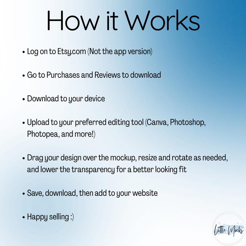 May include: A graphic with the title "How it Works" and bullet points detailing the steps to use a product. The steps include logging into Etsy, downloading, uploading to an editing tool, and saving.