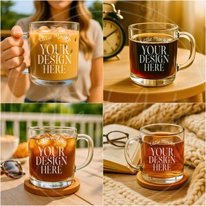 May include: Four clear glass mugs with handles, each filled with a different beverage. The mugs have the text "Little Mocks YOUR DESIGN HERE" printed on them. One mug contains a light-coloured drink, another a dark liquid, and two others have ice cubes.