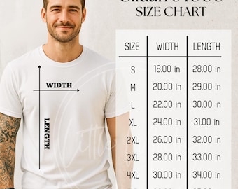 Gildan 64000 T-Shirt Größentabelle Mockup Unisex Tshirt Größentabelle Männliches Modell (JPG-Datei)