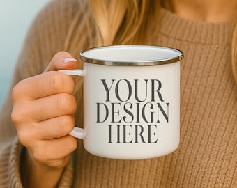 White Enamel Camping Mug Mockup: 12oz Camp Cup, Enameled Silver Rim Mug, Spring Summer Camping Mug, Hand Holding Mug, Hand Held Mockup (JPG)