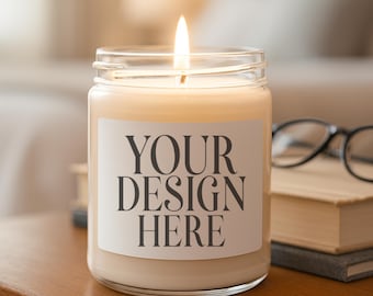 9oz Soy Candle Mockup: Cozy Book Lover Jar Candle, White Candle Label Mockup, Scented Lit Candle Mockup, Bedroom Lumient Printify Candle JPG