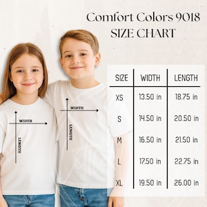 May include: Two children wearing white t-shirts, with a size chart for Comfort Colors 9018. The chart shows measurements in inches for width and length, ranging from XS to XL. The text "SIZE CHART" is at the top.