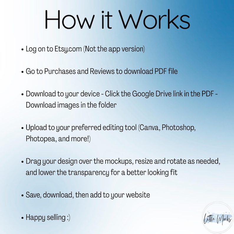 May include: A graphic with the title "How it Works" and bullet points detailing the steps to use a product. The steps include logging into Etsy, downloading a PDF, and uploading to an editing tool. The image has a blue gradient background.