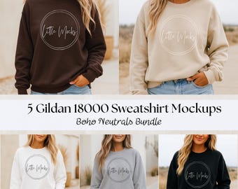 Gildan 18000 Sweatshirt Mockup Bundle: Neutral Colors, Unisex Crewneck Boho Mock-Ups, Dark Chocolate, Sand, Gray, Black, White (JPGs)