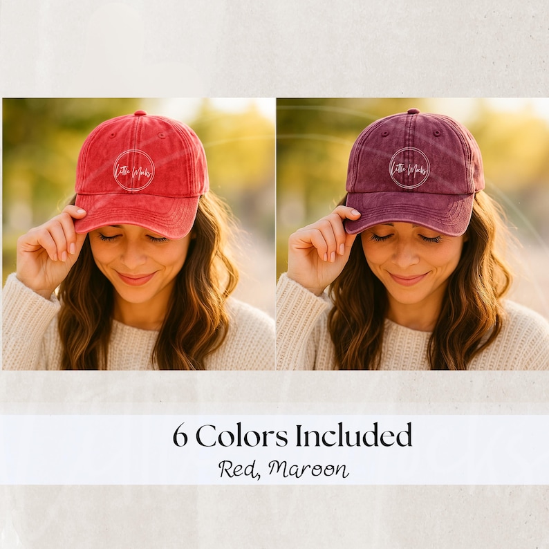May include: Two baseball caps, one red and one maroon, are shown. Each cap has a curved brim and a circular logo. The text "6 Colors Included" and "Red, Maroon" are displayed below the caps. The caps are worn by a person.