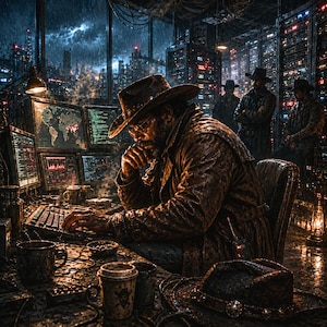 May include: A person wearing a brown cowboy hat and a weathered leather jacket sits at a desk with multiple computer monitors displaying data and a world map. The scene is set in a dark, industrial room with two other figures standing in the background.