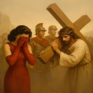 May include: An artistic depiction of a religious scene. A figure carries a large wooden cross, wearing a crown of thorns. A woman in a red dress and gloves covers her face, while Roman soldiers stand in the background.