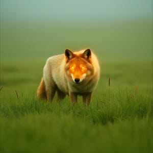 May include: A golden-furred wolf with glowing orange eyes stands in a field of green grass. The wolf is facing the viewer, with a focused gaze. The background is a soft green and blue, creating a natural, serene scene.
