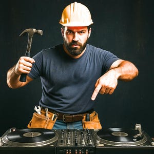 Puede incluir: Un hombre con un casco amarillo y un cinturón de herramientas sostiene un martillo y señala una mesa de DJ. La configuración incluye dos tocadiscos y una mesa de mezclas, sobre un fondo oscuro.