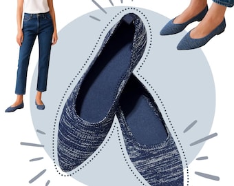 May include: Navy blue flats with a textured knit pattern. The shoes have a pointed toe and a low profile. The image also shows a person wearing the same style of flats with blue jeans.